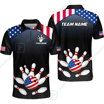 Custom Bowling Jersey Polo Shirt, Patriotic USA Flag Stars Stripes Tech Hexagon Pattern, Custom Bowling Jersey Team Shirt For Players With Name & Team Name