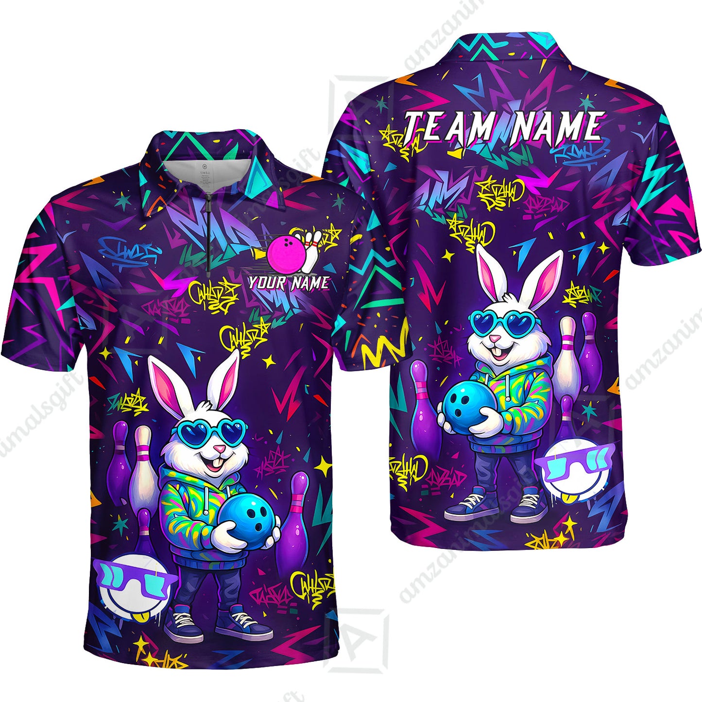 Custom Hip Hop Rabbit Bowling Jersey Polo Shirt, Custom Hip Hop Rabbit Bowling Jersey Team Shirt For Players With Name & Team Name