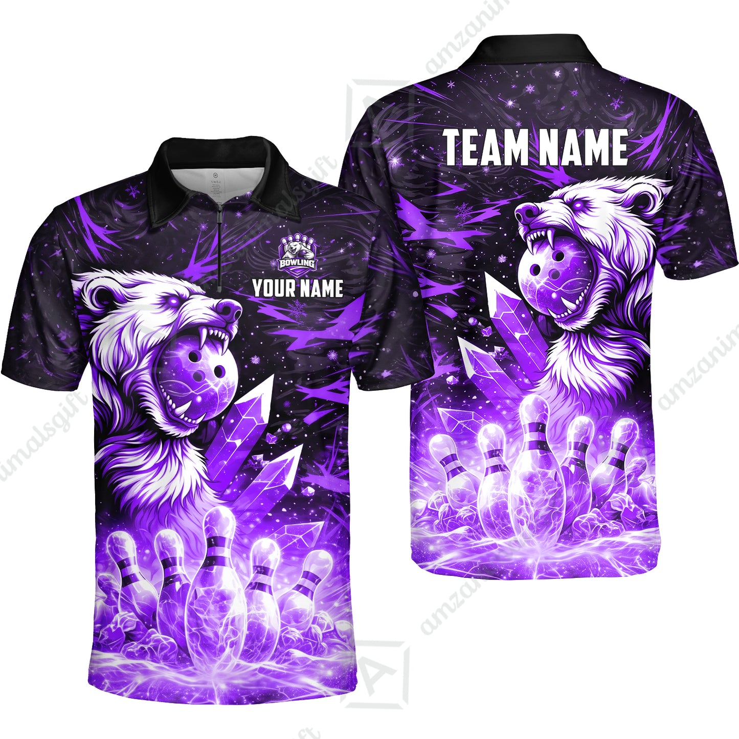 Custom Bowling Jersey Polo Shirt, Arctic Bear & Crystal Galaxy, Custom Bowling Jersey Team Shirt For Players With Name & Team Name