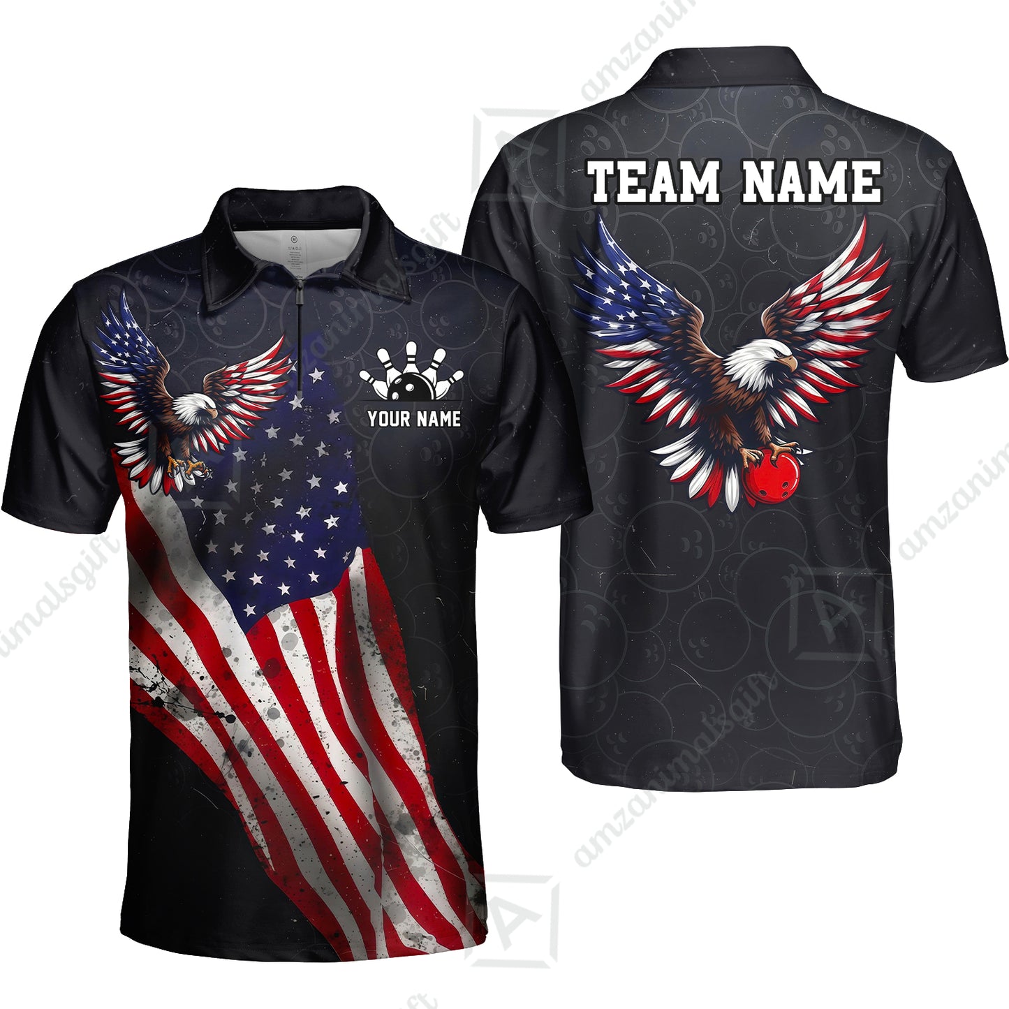 Custom Bowling Jersey Polo Shirt, USA Flag Draped Bald Eagle Strike, Custom Bowling Jersey Team Shirt For Players With Name & Team Name