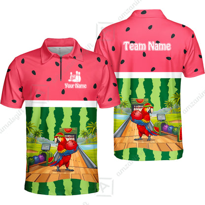 Custom Bowling Jersey Polo Shirt, Tropical Watermelon Parrot Macaw, Custom Bowling Jersey Team Shirt For Players With Name and Team Name