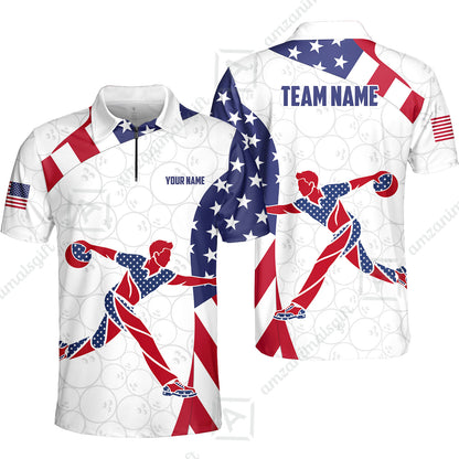 Custom Bowling Jersey Polo Shirt, Patriotic Bowler Silhouette Stars and Stripes, Custom Bowling Jersey Team Shirt For Players With Name and Team Name