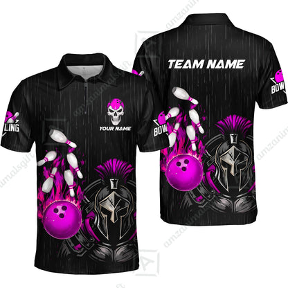 Custom Bowling Jersey Polo Shirt, Fire Bowling Knight Rain Skull Logo, Personalize Name & Team Name