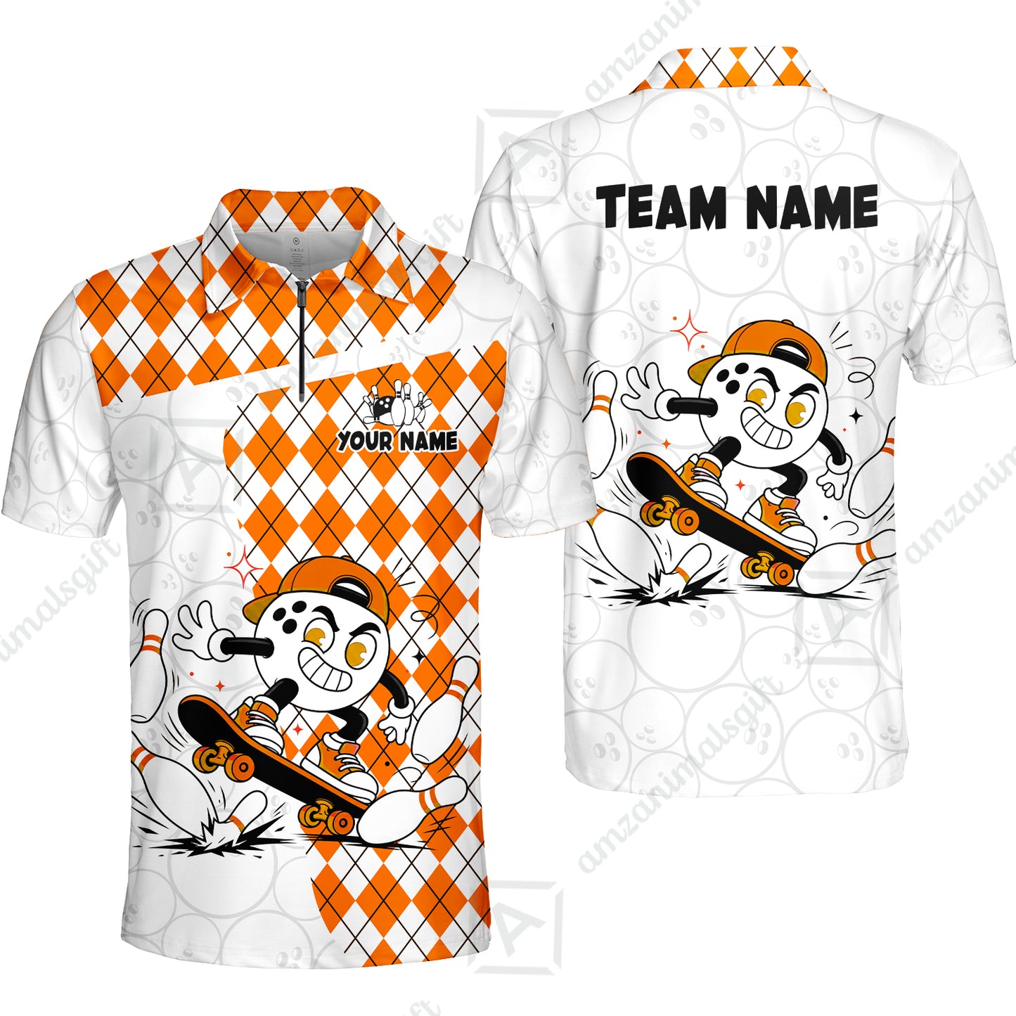 Custom Bowling Jersey Polo Shirt, Skateboarder Bowling Ball Mascot, Custom Bowling Jersey Team Shirt For Players With Name and Team Name