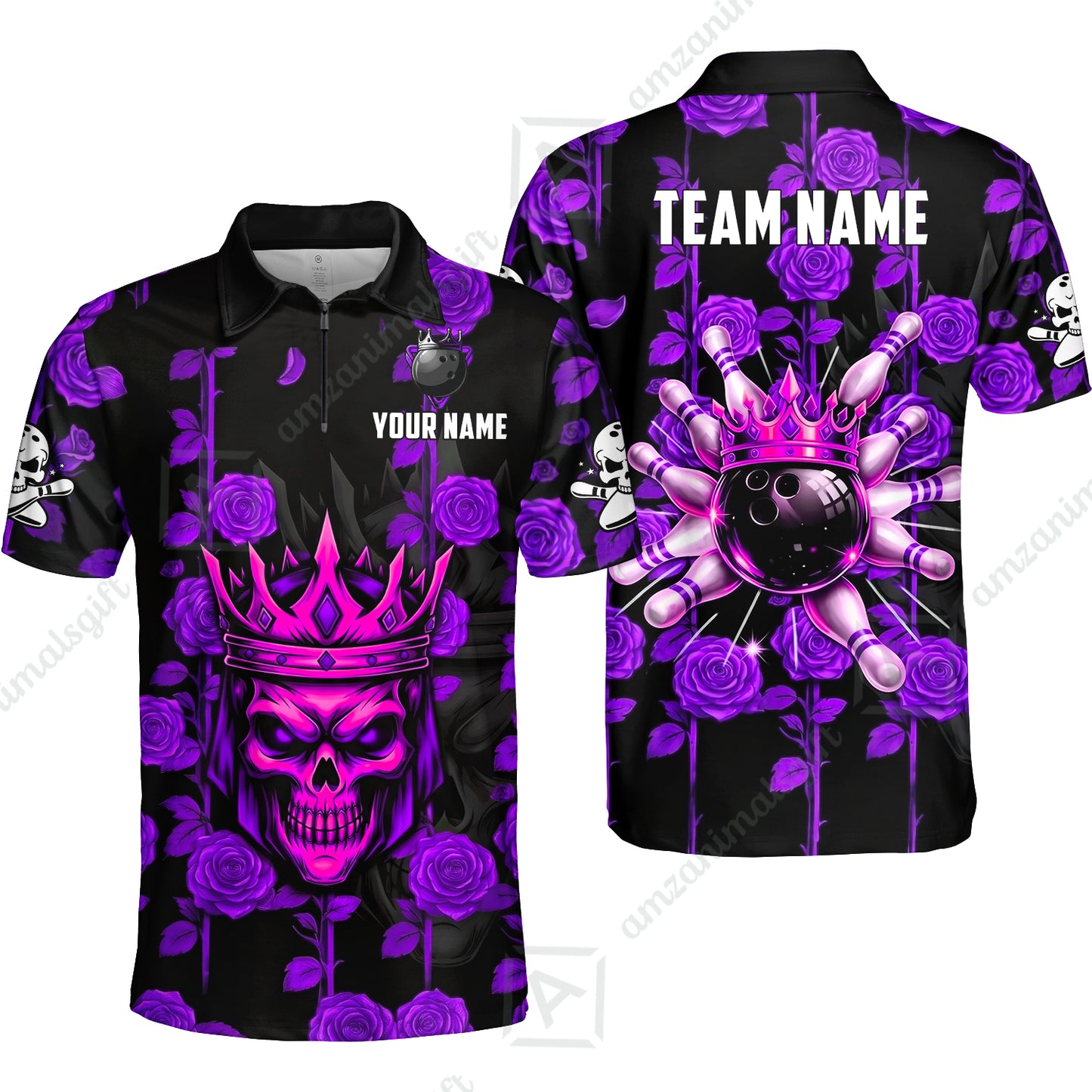 Custom Bowling Jersey Polo Shirt, Royal Skull Bowling, Custom Bowling Jersey Team Shirt For Players With Name & Team Name