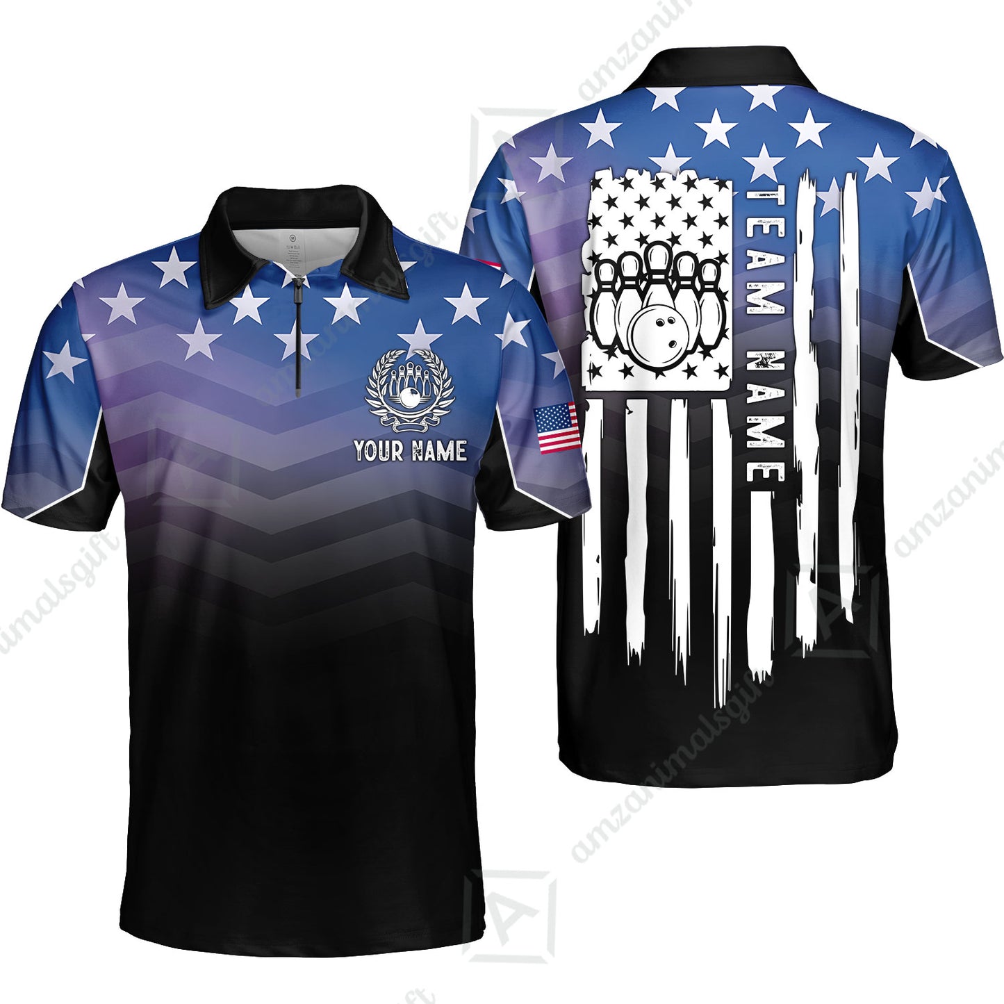 Custom Bowling Jersey Polo Shirt, Vertical Distressed Flag Chevron Gradient, Custom Bowling Jersey Team Shirt For Players With Name and Team Name