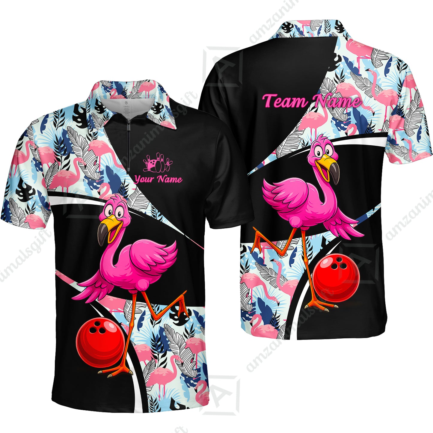 Custom Funny Cartoon Flamingo Bowling Jersey Polo Shirt, Custom Funny Cartoon Flamingo Bowling Jersey Team Shirt For Players With Name & Team Name