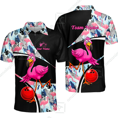 Custom Funny Cartoon Flamingo Bowling Jersey Polo Shirt, Custom Funny Cartoon Flamingo Bowling Jersey Team Shirt For Players With Name & Team Name