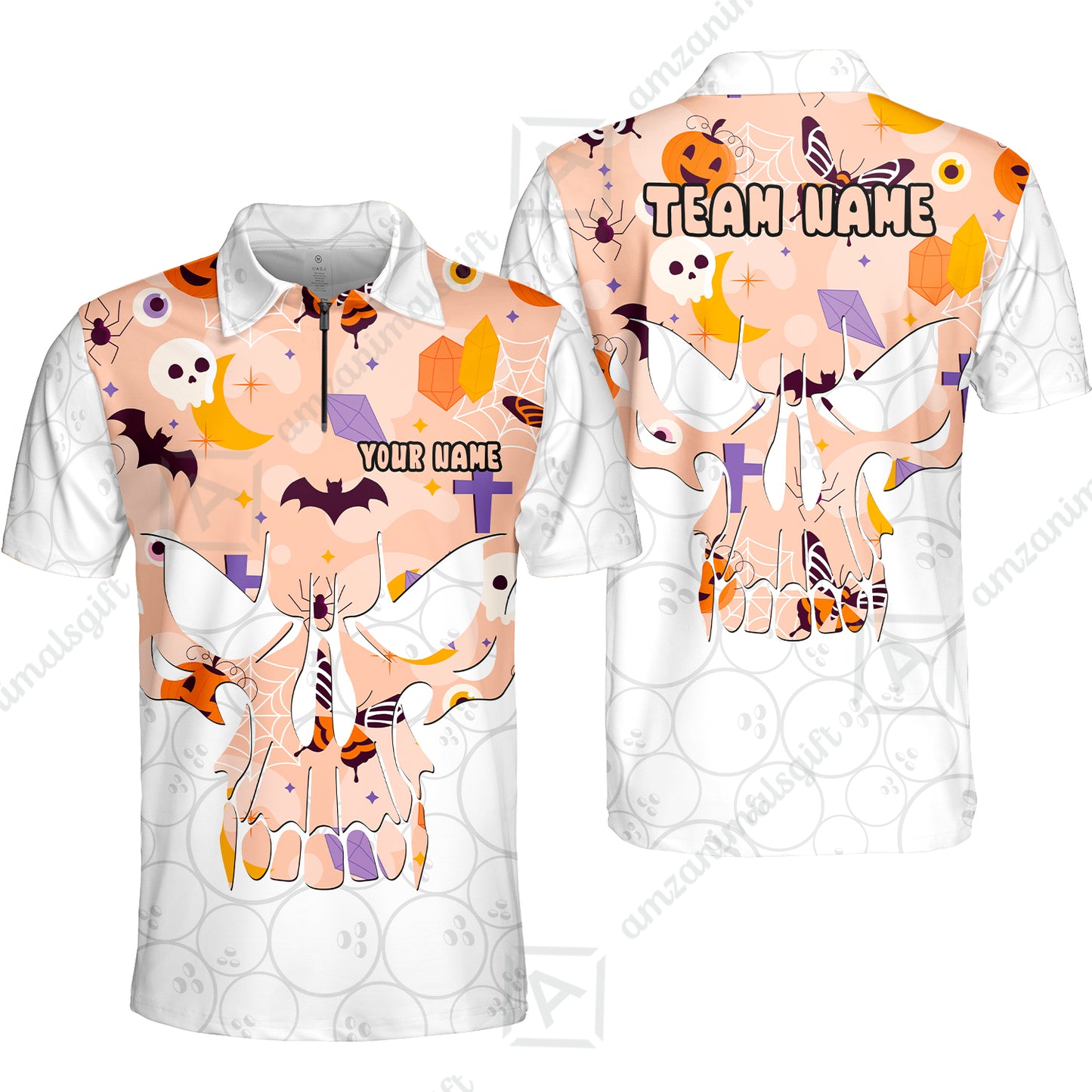Custom Bowling Jersey Polo Shirt, Halloween Pattern Skull, Custom Bowling Jersey Team Shirt For Players With Name & Team Name