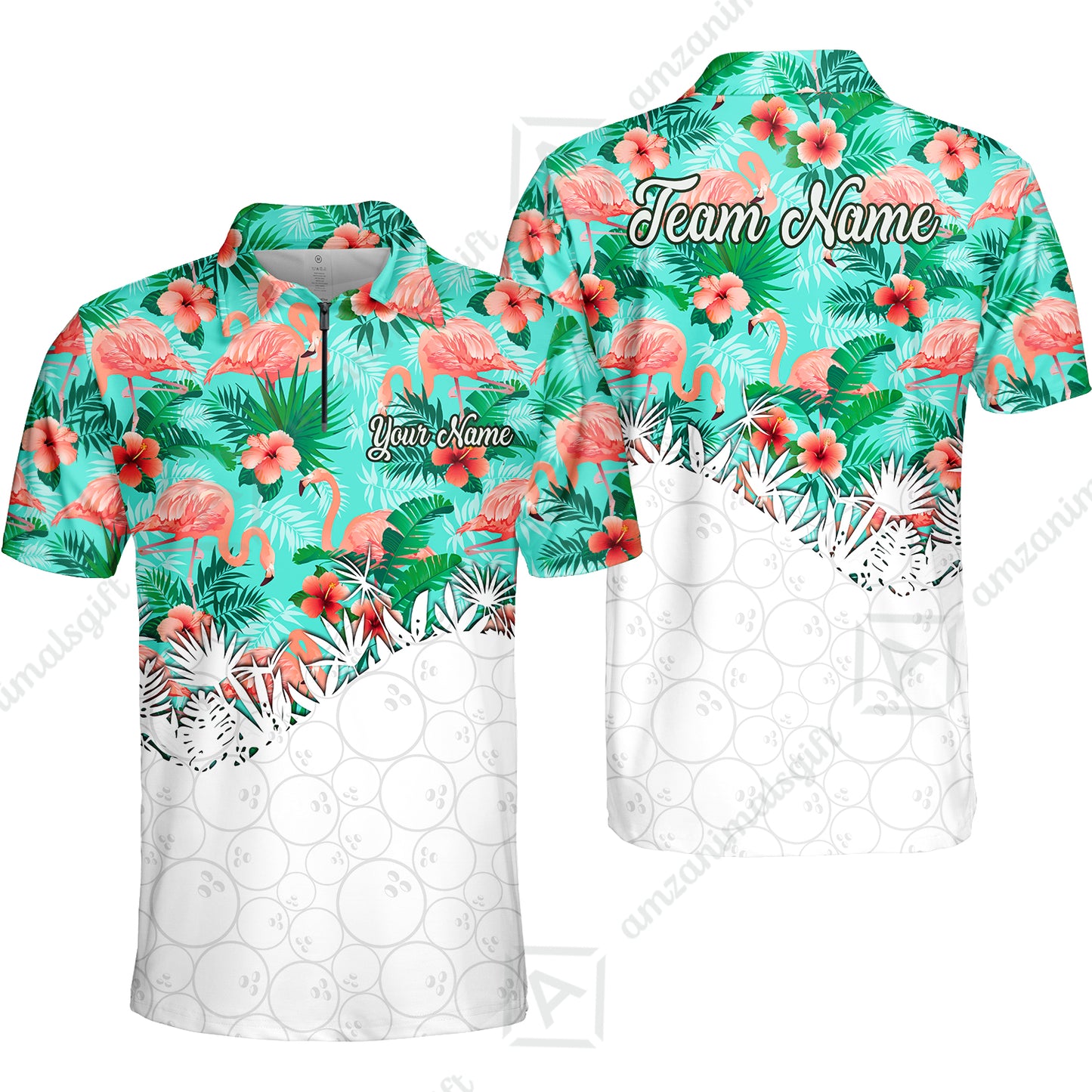 Custom Bowling Jersey Polo Shirt, Tropical Pink Flamingo Hawaiian, Custom Bowling Jersey Team Shirt For Players With Name & Team Name