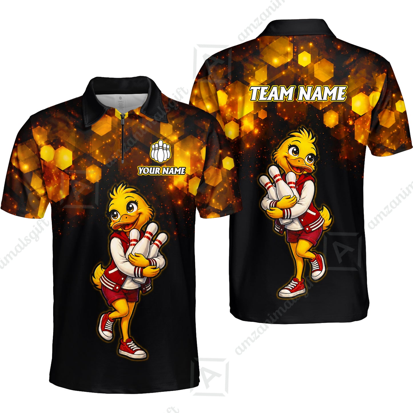 Custom Bowling Jersey Polo Shirt, Golden Glow Varsity Duckling Mascot, Custom Bowling Jersey Team Shirt For Players With Name and Team Name