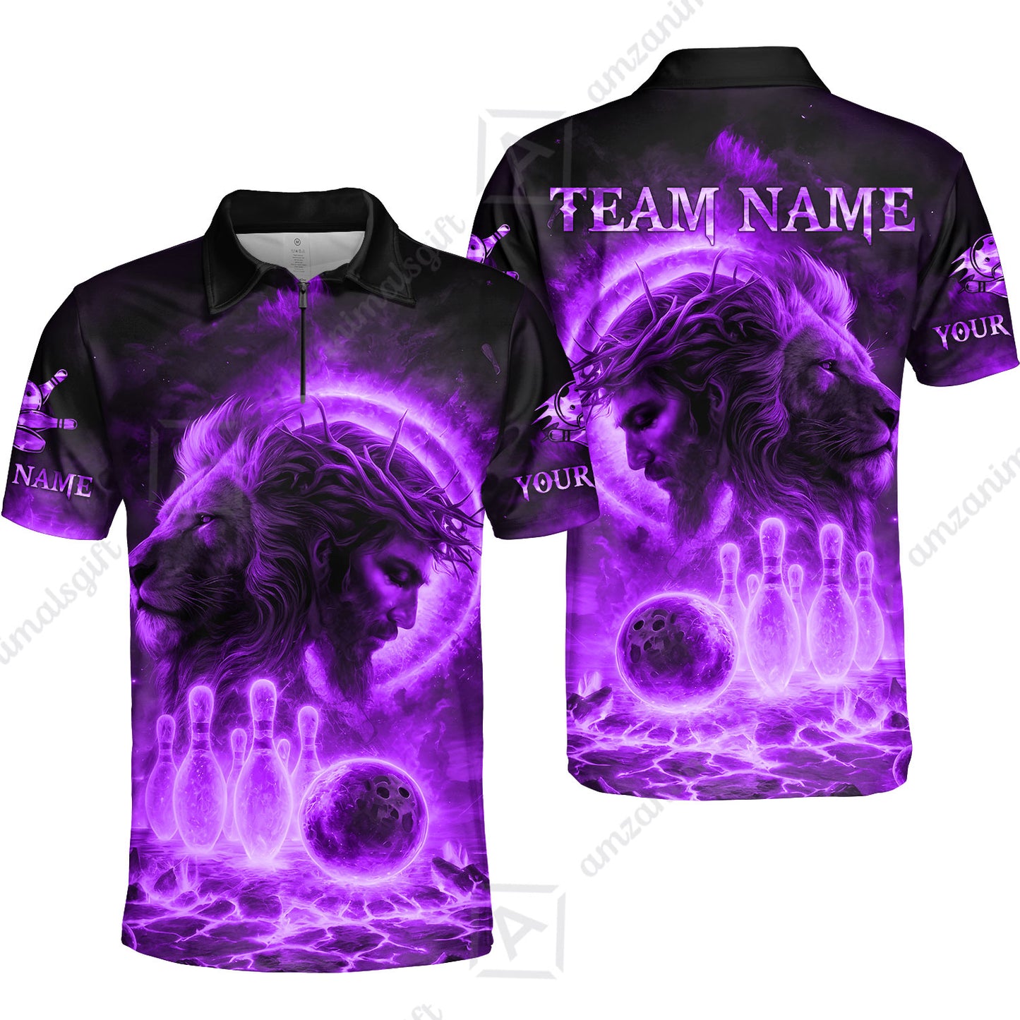Custom Bowling Team Short Sleeve Men Polo Shirt, Flame The Lion OF Judah With Bowling, Custom Name and Team Name for Bowlers
