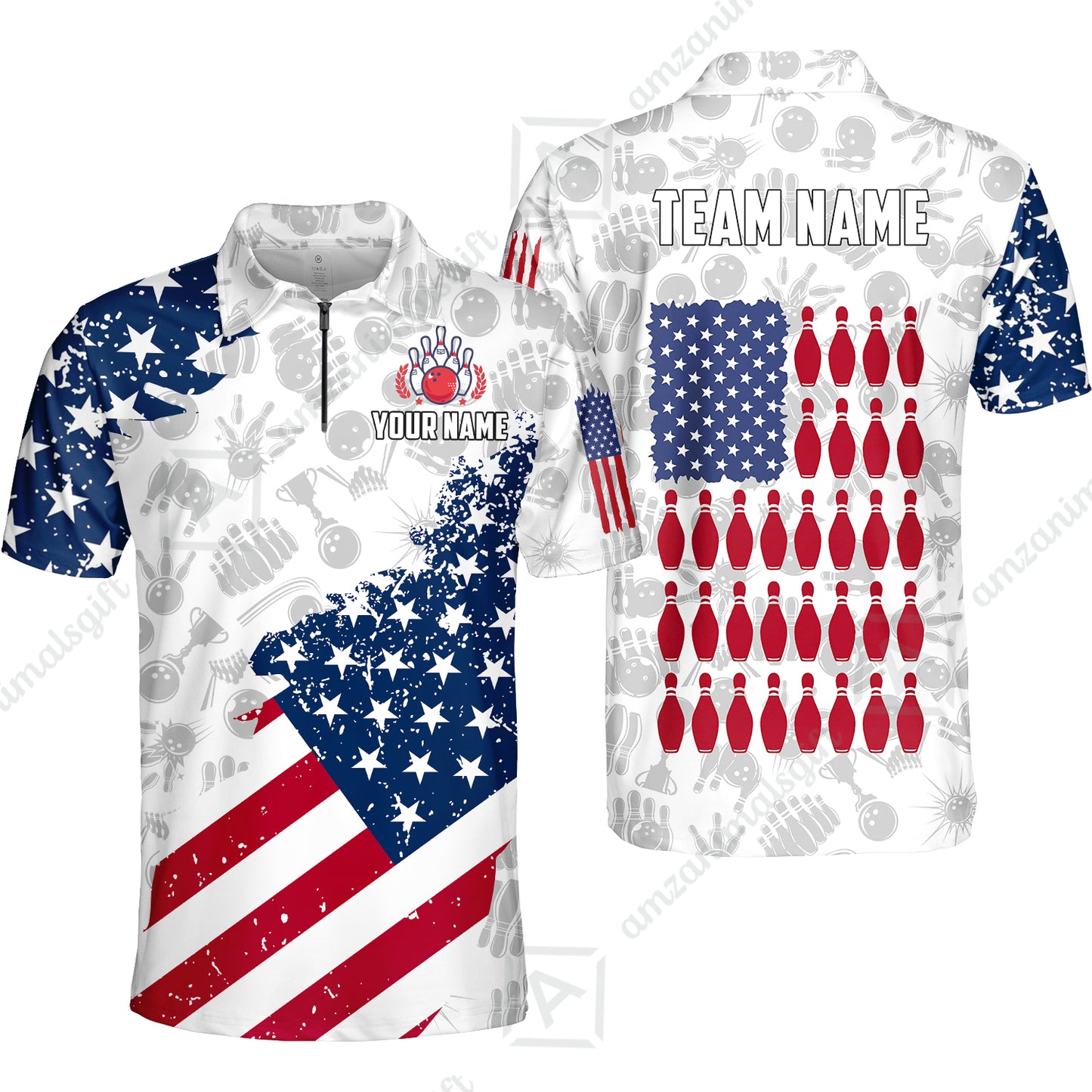 Custom Bowling Jersey Polo Shirt, Americana Patriotic Distressed Flag, Custom Bowling Jersey Team Shirt For Players With Name and Team Name