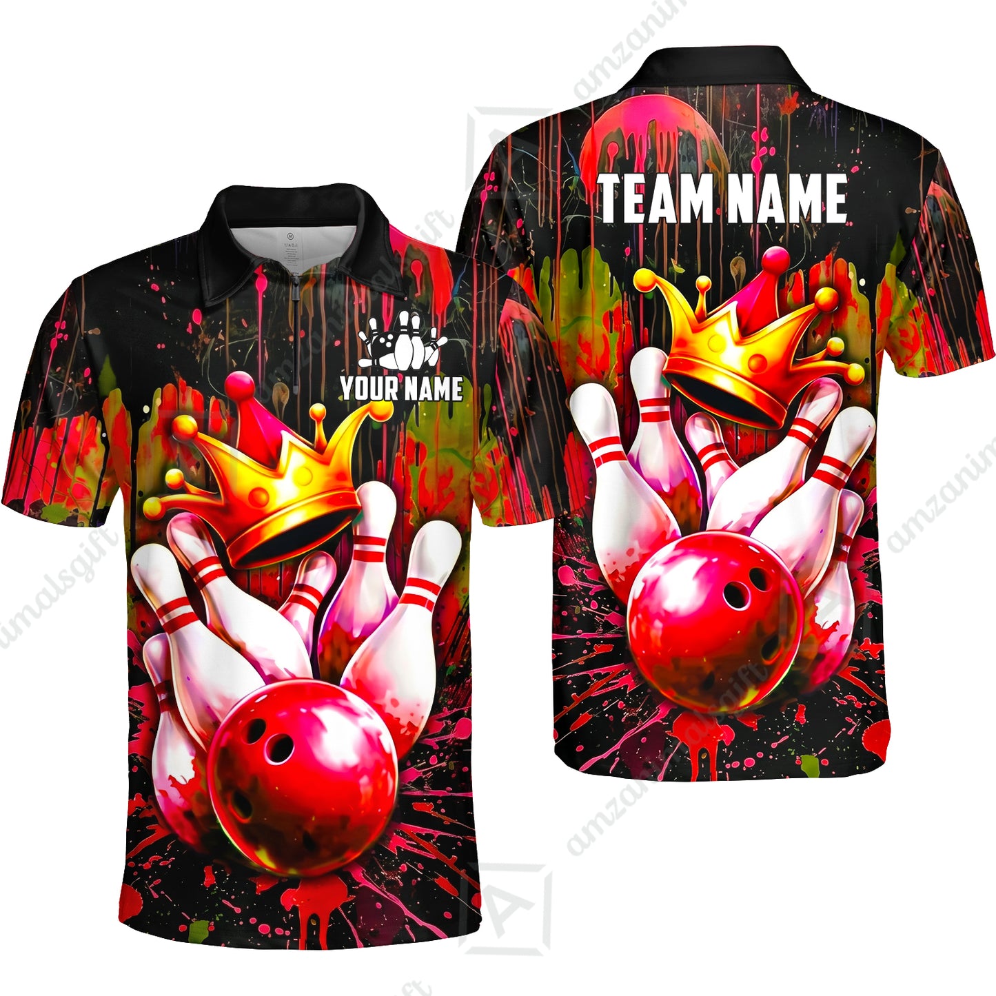 Custom Bowling Jersey Polo Shirt, Neon King Crown, Custom Bowling Jersey Team Shirt For Players With Name and Team Name