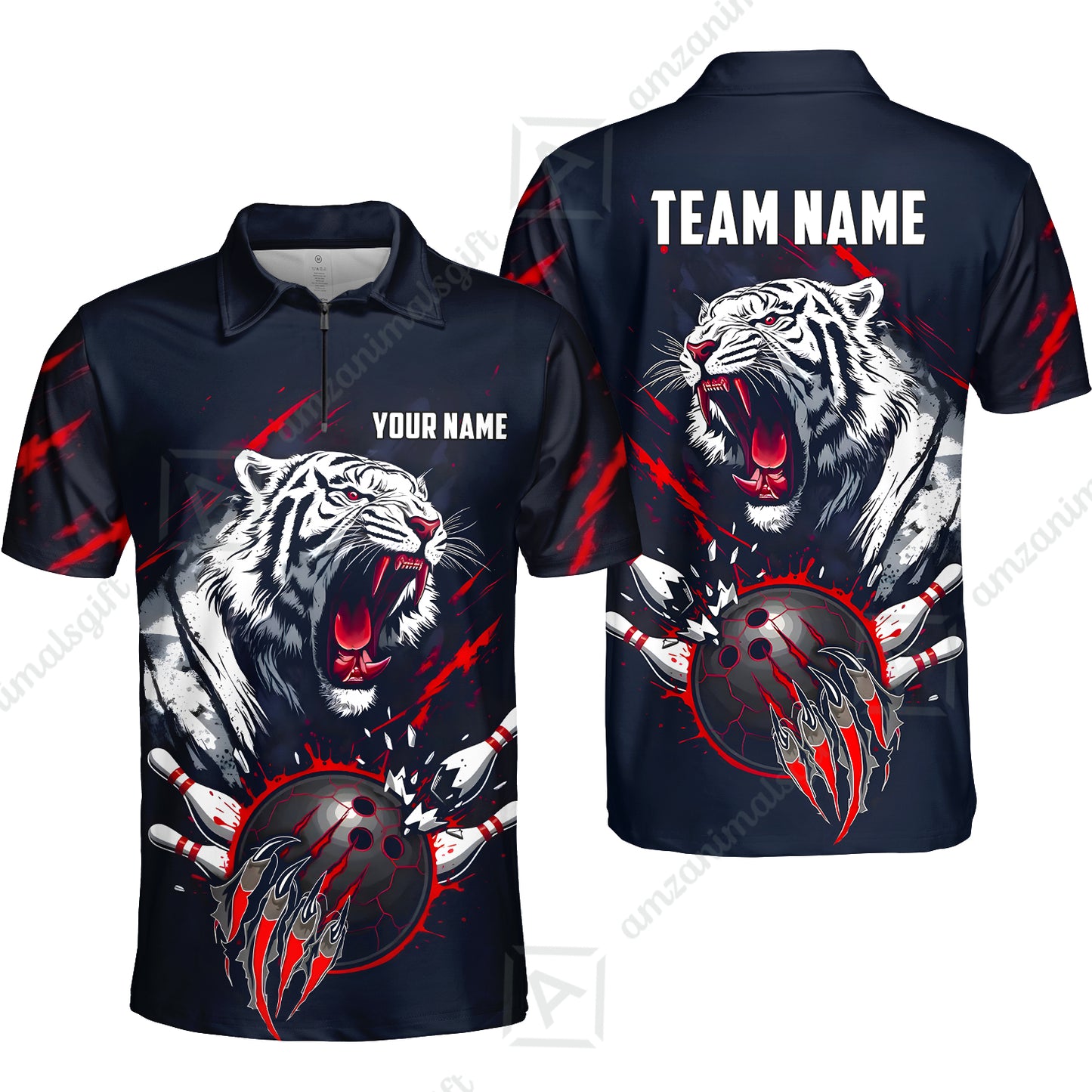 Custom Bowling Jersey Polo Shirt, White Tiger Mascot Bowling, Custom Bowling Jersey Team Shirt For Players With Name & Team Name