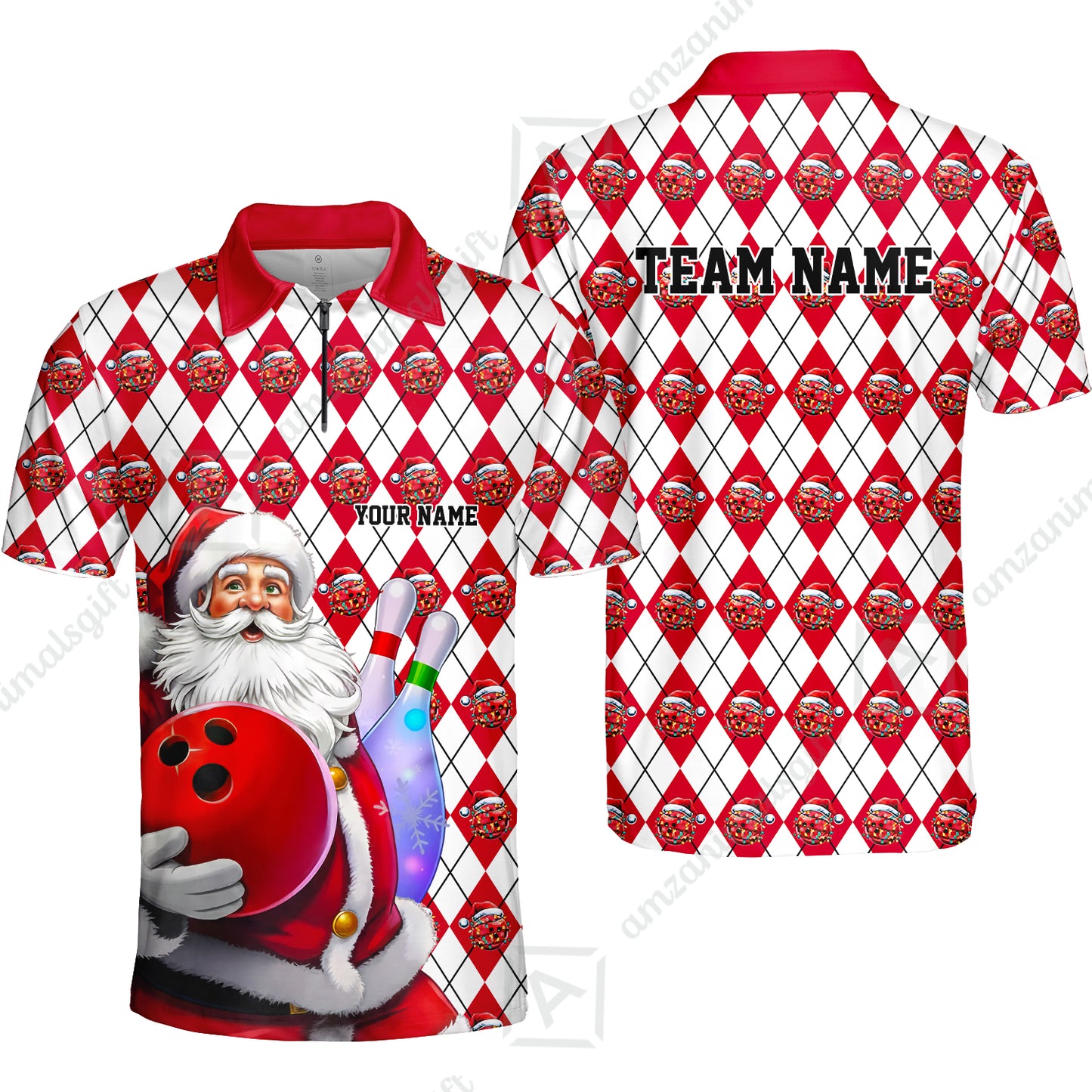 Bowling Argyle Pattern - Custom Christmas Santa Bowling Team Jerseys Polo Shirts, Personalized Christmas Bowling uniforms