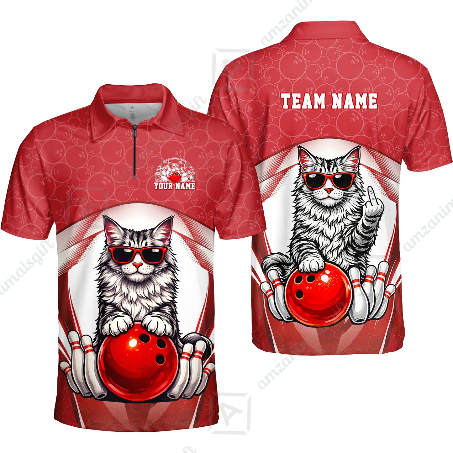 Custom Bowling Polo Shirt, Funny Cat with Sunglasses Bowling Custom Bowling Polo Team Shirt For Players With Name & Team Name