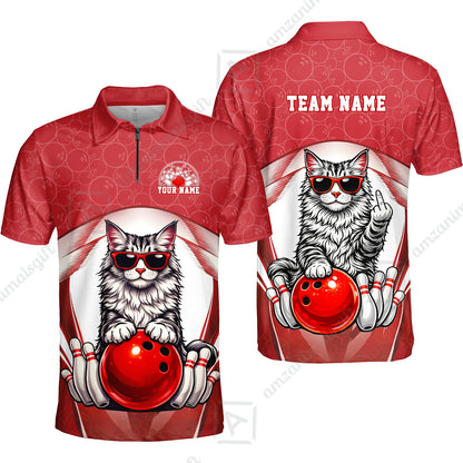 Custom Bowling Polo Shirt, Funny Cat with Sunglasses Bowling Custom Bowling Polo Team Shirt For Players With Name & Team Name