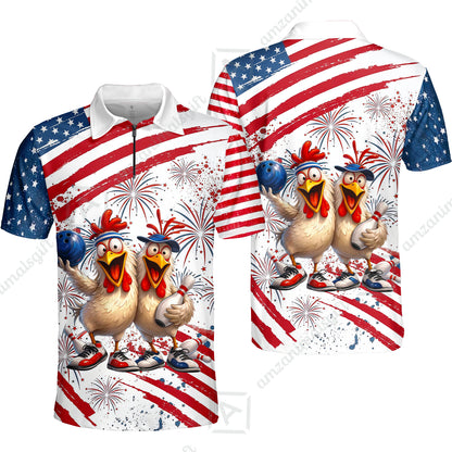 Custom Bowling Jersey Polo Shirt, Funny Patriotic USA Chicken Fireworks, Custom Bowling Jersey Team Shirt For Players With Name & Team Name