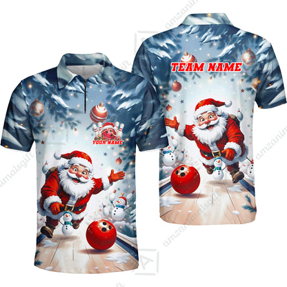 Custom Funny Santa Playing Bowling Team Jerseys Polo Shirts, Christmas Bowling uniforms - Bowling Polo Personalized Name And Team Name