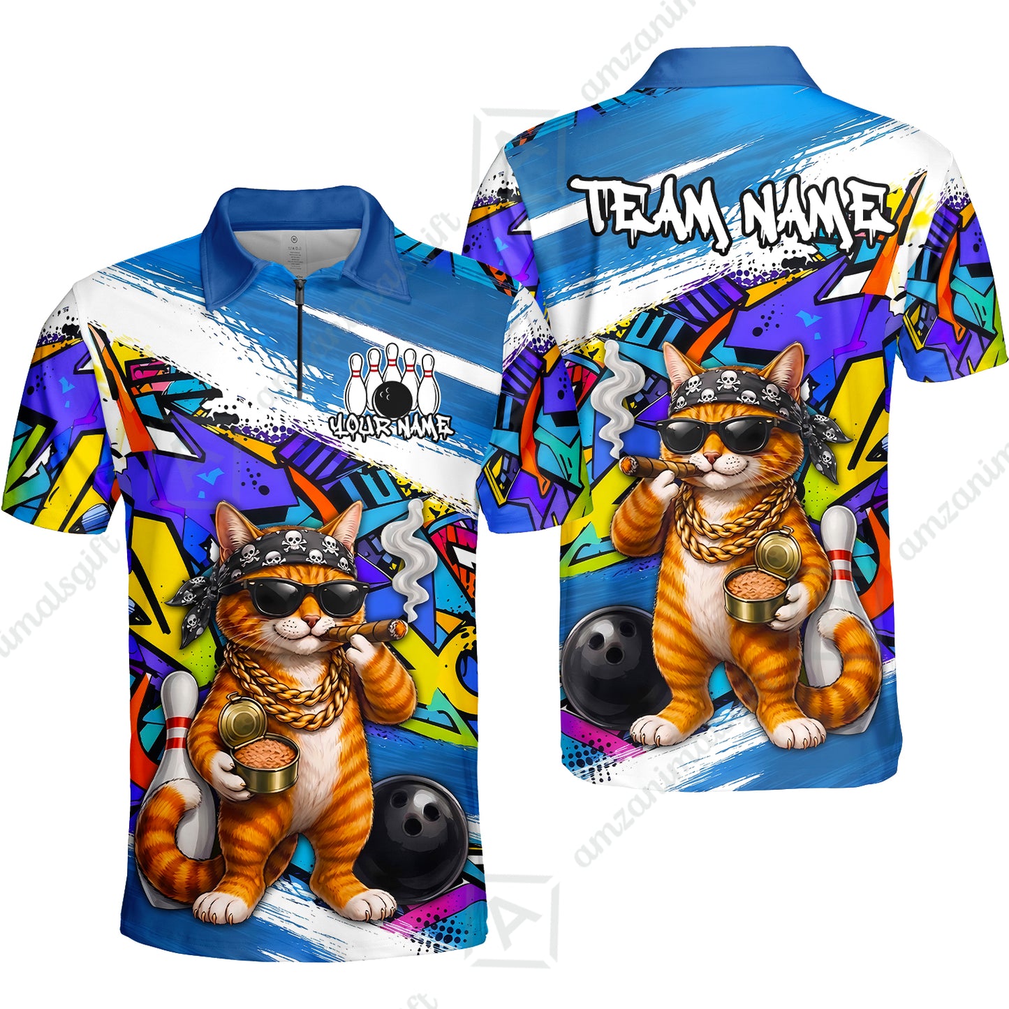 Custom Bowling Jersey Polo Shirt, Cat Graffiti Bowling, Personalize Name and Team Name