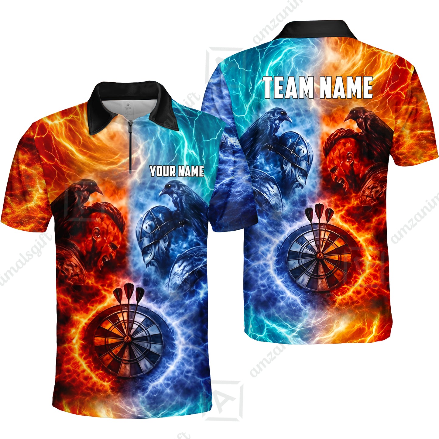 Custom Darts Team Jersey, Personalized Fire Ice Raven Darts Polo Shirt For Players With Name & Team Name