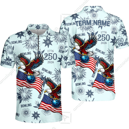 Custom Bowling Jersey Polo Shirt, USA 250 Years of Independence Bowling, Custom Bowling Jersey Team Shirt For Players With Name and Team Name
