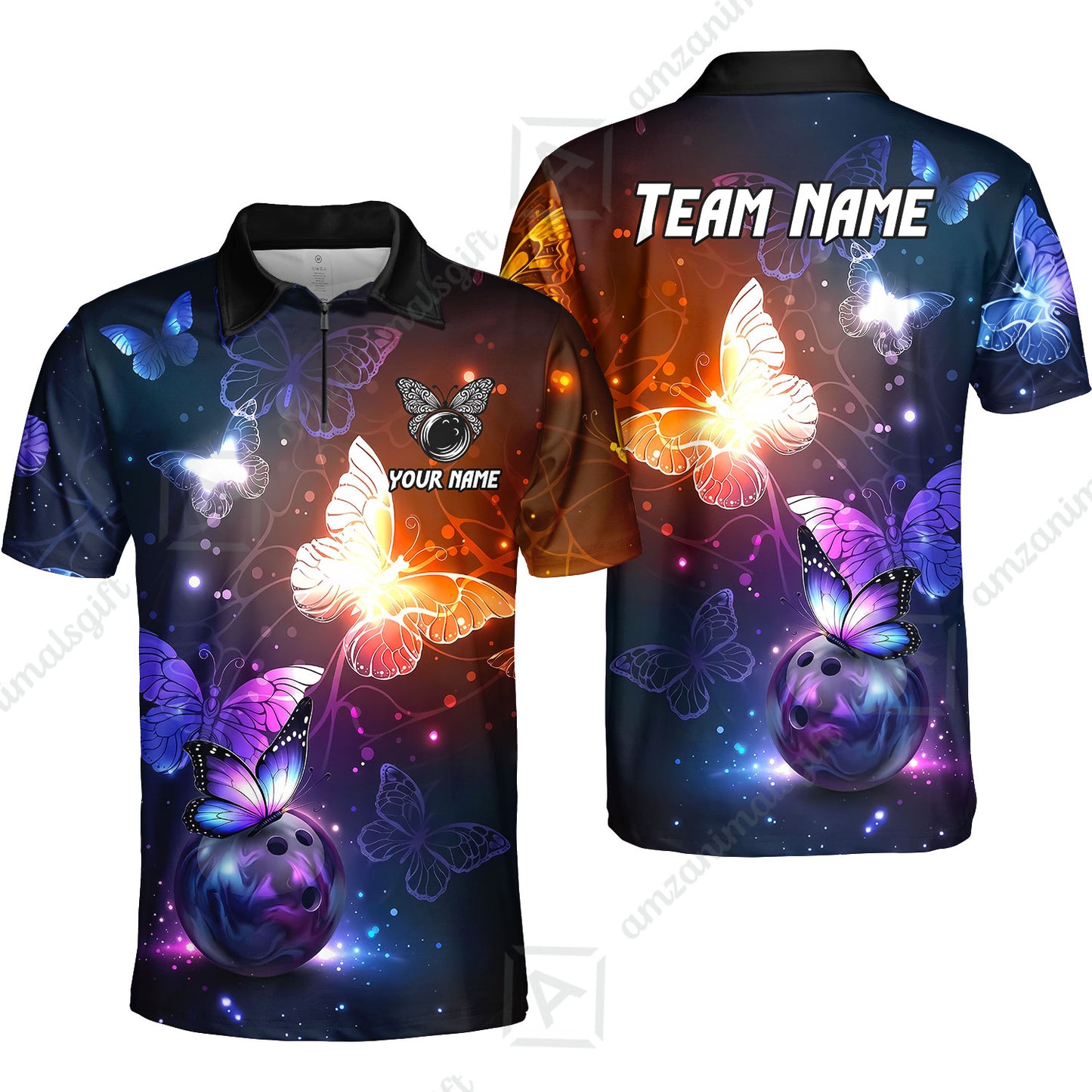 Custom Bowling Jersey Polo Shirt, Magical Glowing Butterfly Galaxy Pattern, Custom Bowling Jersey Team Shirt For Players With Name & Team Name