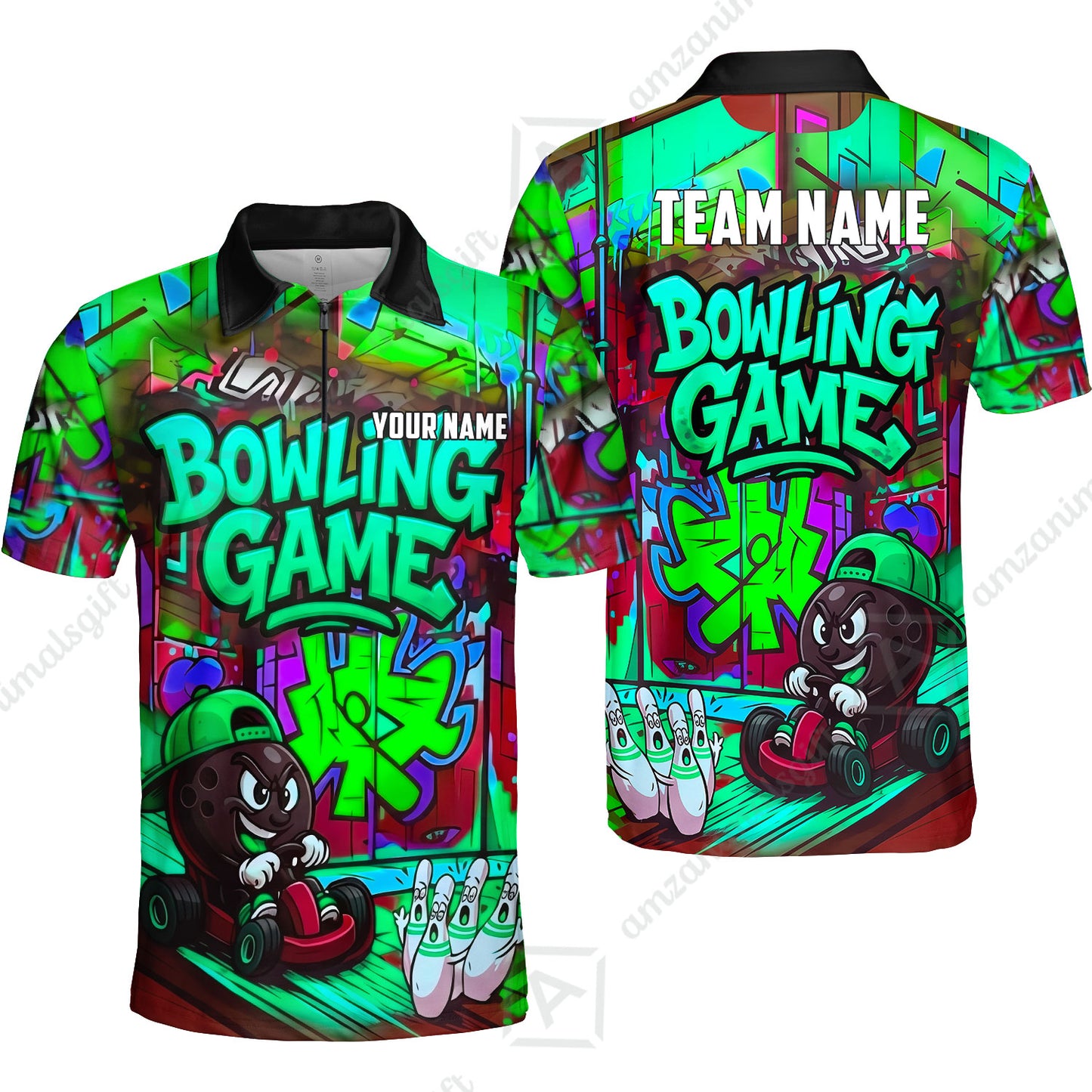 Custom Bowling Jersey Polo Shirt, Street Graffiti Go Kart Ball, Custom Bowling Jersey Team Shirt For Players With Name and Team Name