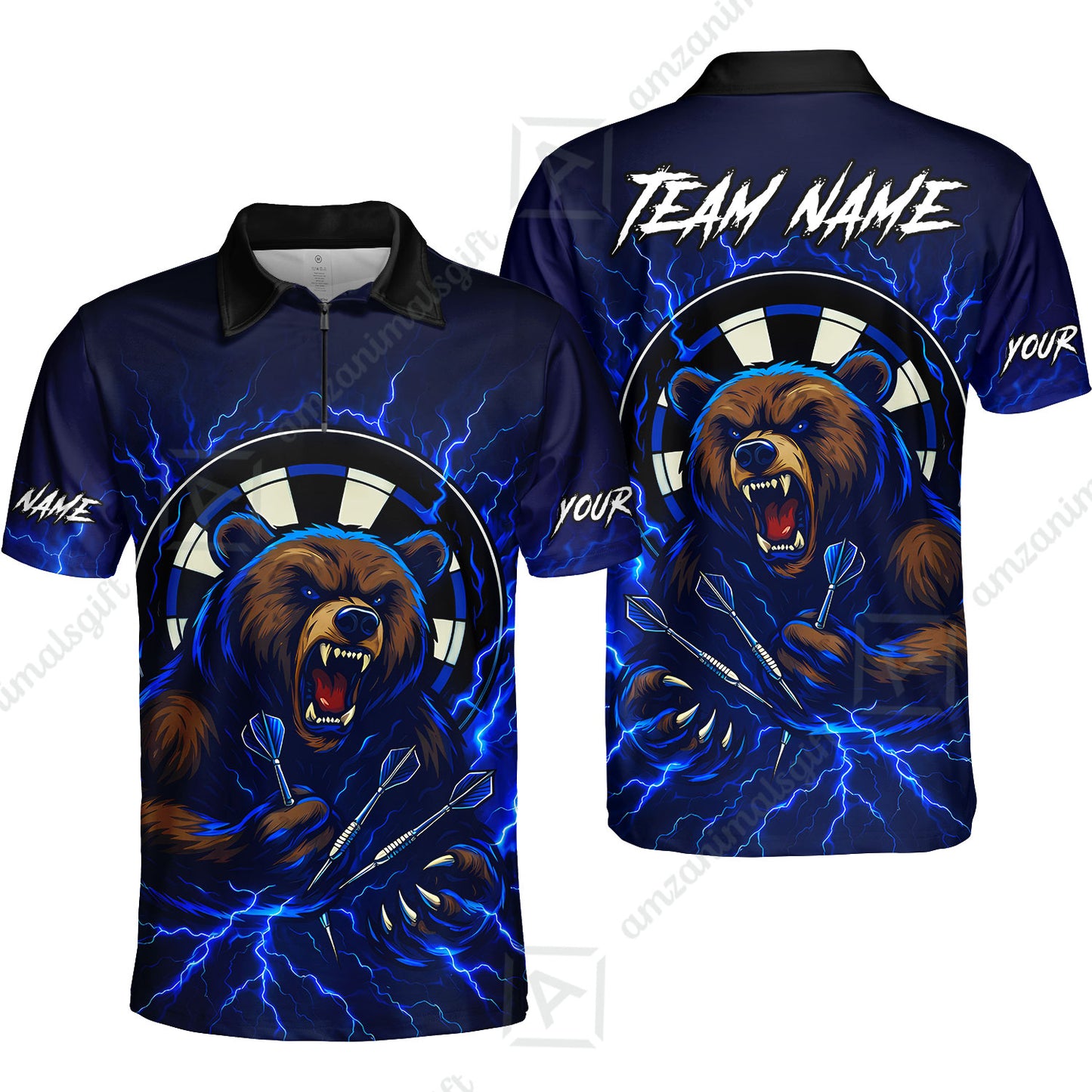 Custom Darts Team Long Sleeve Polo Shirt, Personalized Bear Thunder Lightning Darts Shirt with Name & Team Name