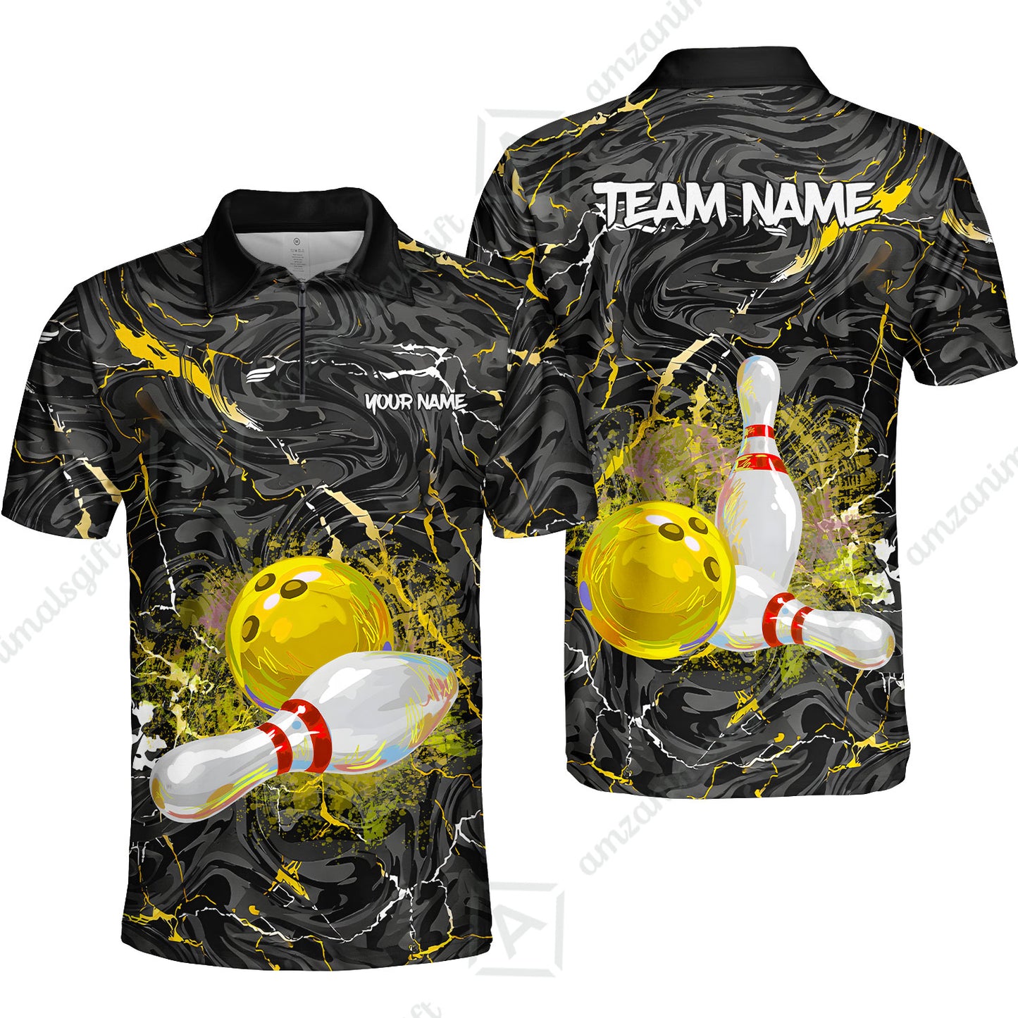 Customized Bowling Unisex Polo Shirt, Swirling Marbled Pattern Vibrant Veins, Bowling Uniforms, Personalized Name And Team Name