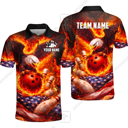 Custom Bowling Jersey Polo Shirt, Patriotic Blue Fire Eagle, Custom Bowling Jersey Team Shirt For Players With Name and Team Name