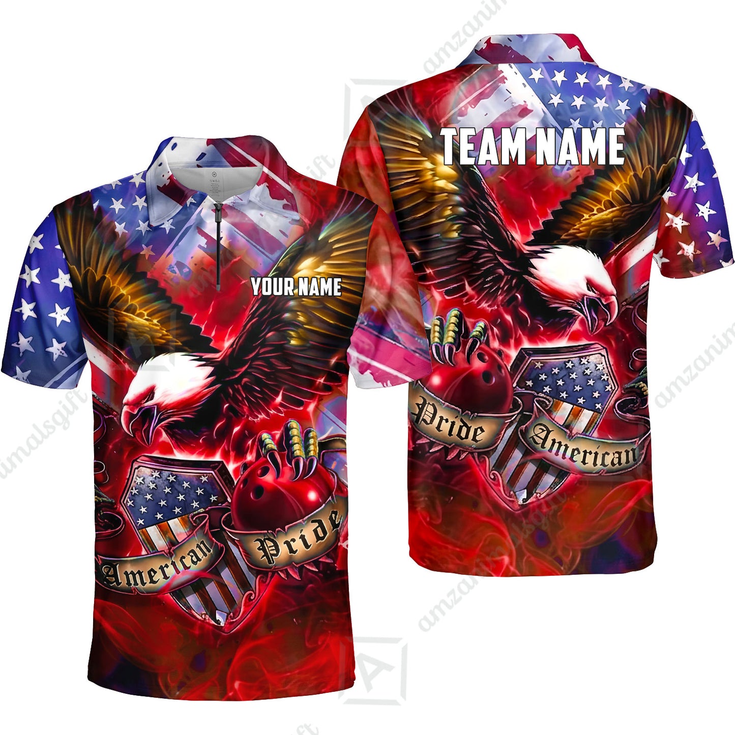Custom Bowling Jersey Polo Shirt, American Pride Eagle, Personalized Name & Team Name