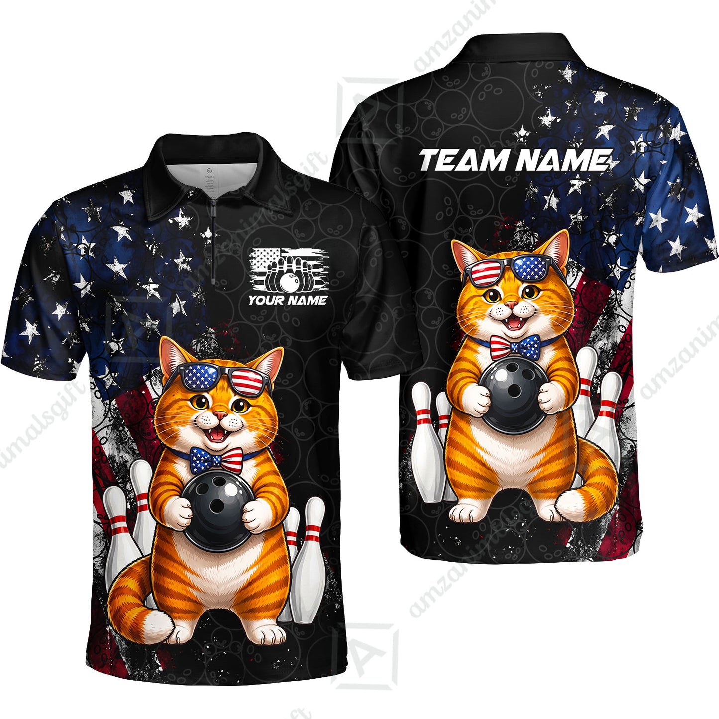 Custom Bowling Jersey Polo Shirt, Cat With Glasses And Bow Tie Bowling Pattern America Flag, Personalize Name and Team Name