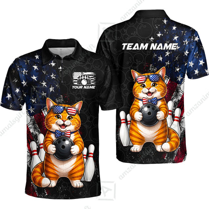 Custom Bowling Jersey Polo Shirt, Cat With Glasses And Bow Tie Bowling Pattern America Flag, Personalize Name and Team Name