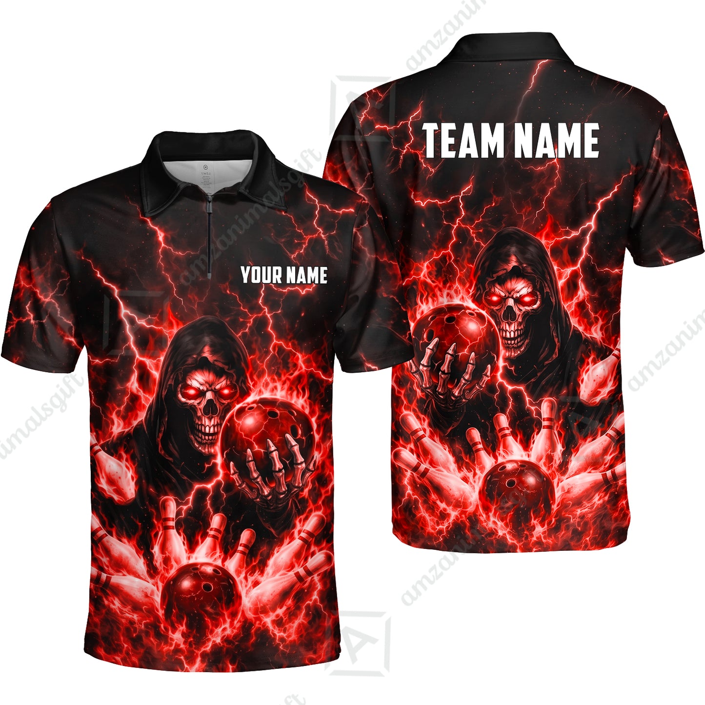 Custom Bowling Jersey Polo Shirt, Lightning Grim Reaper, Custom Bowling Jersey Team Shirt For Players With Name & Team Name