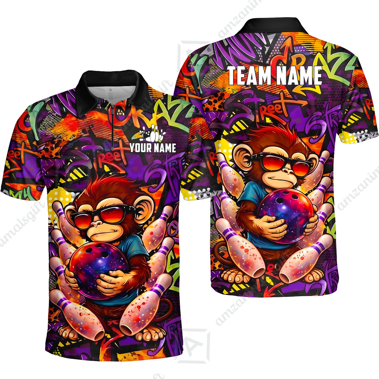 Custom Bowling Jersey Polo Shirt, Street Graffiti Funny Monkey Mascot, Custom Bowling Jersey Team Shirt For Players With Name & Team Name