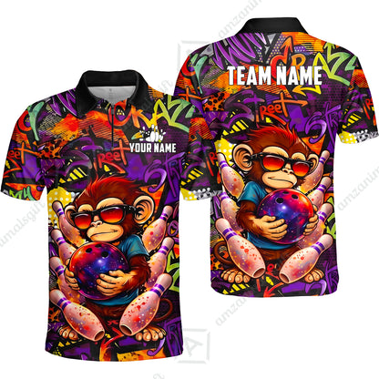 Custom Bowling Jersey Polo Shirt, Street Graffiti Funny Monkey Mascot, Custom Bowling Jersey Team Shirt For Players With Name & Team Name