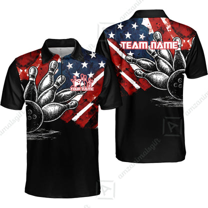 Custom Bowling Jersey Polo Shirt, American Flag and Bowling Pins Sketch, Custom Bowling Jersey Team Shirt For Players With Name and Team Name