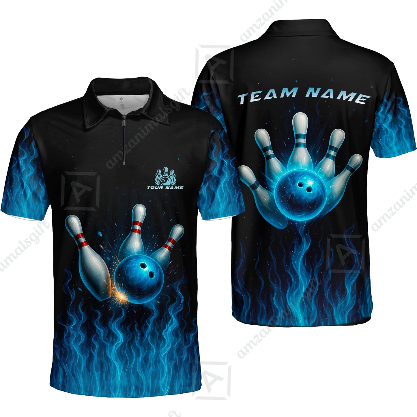 Customized Bowling Quarter-Zip Polo Shirt, Intense Blue Flame Strike Zip Polo Shirt For Bowling Team, Bowlers