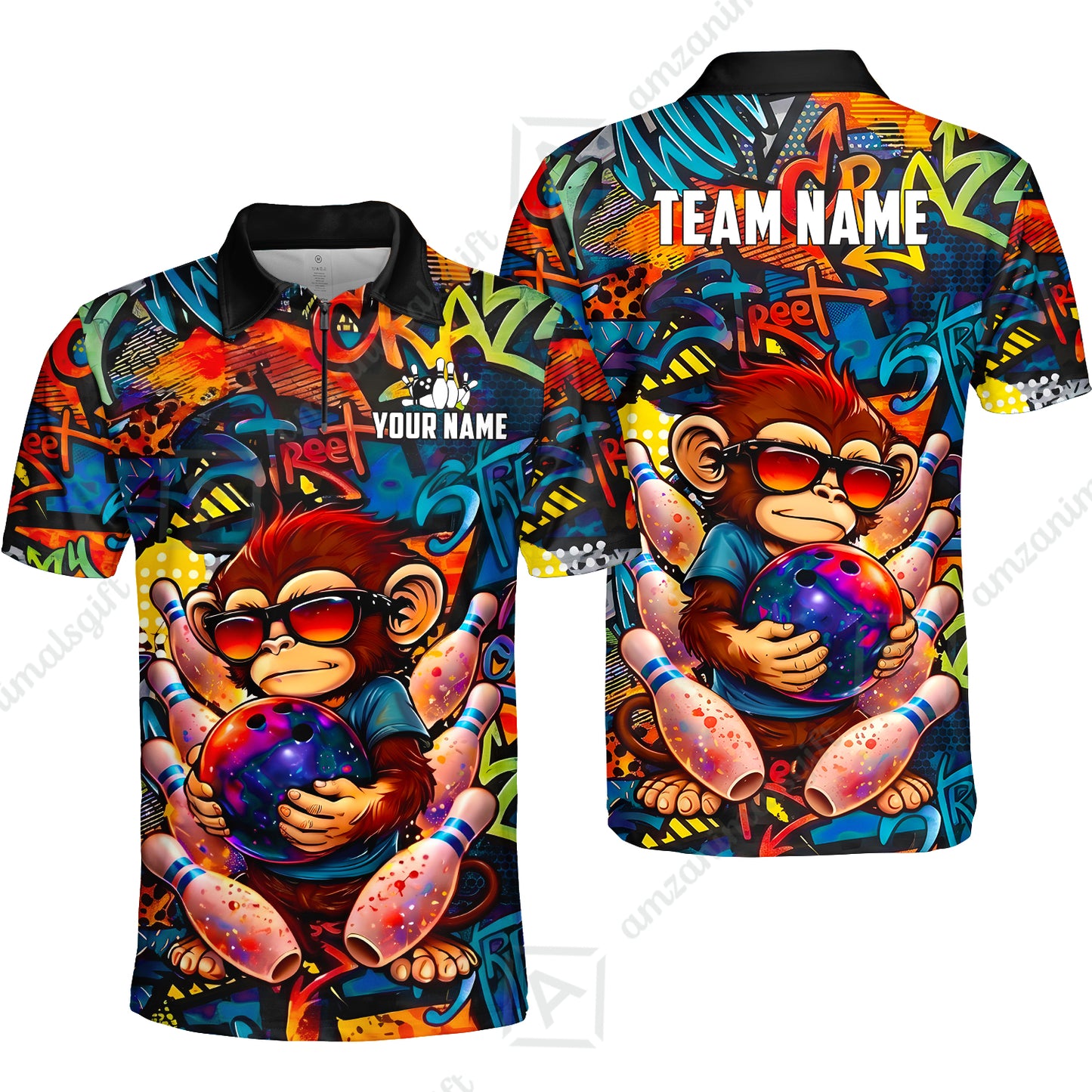 Custom Bowling Jersey Polo Shirt, Street Graffiti Funny Monkey Mascot, Custom Bowling Jersey Team Shirt For Players With Name & Team Name