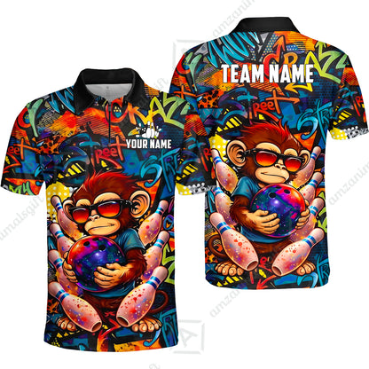 Custom Bowling Jersey Polo Shirt, Street Graffiti Funny Monkey Mascot, Custom Bowling Jersey Team Shirt For Players With Name & Team Name