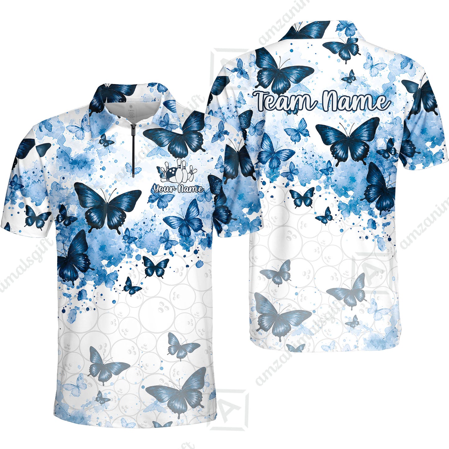 Custom Bowling Jersey Polo Shirt, Blue Watercolor Butterfly Bloom, Custom Bowling Jersey Team Shirt For Players With Name and Team Name