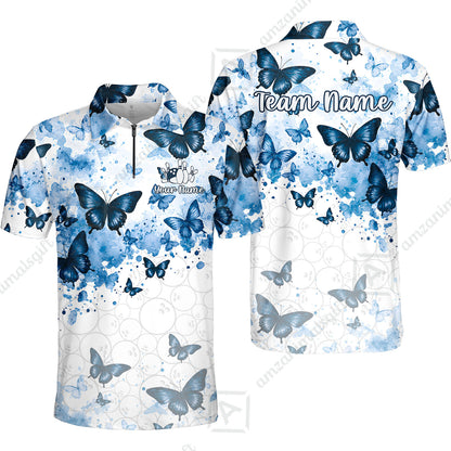 Custom Bowling Jersey Polo Shirt, Blue Watercolor Butterfly Bloom, Custom Bowling Jersey Team Shirt For Players With Name and Team Name