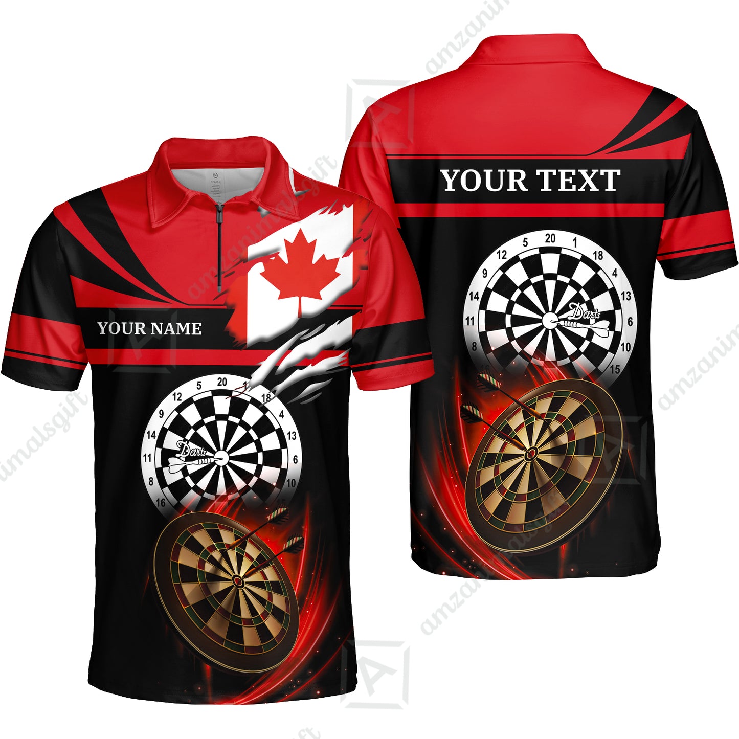 Customized Name & Text Darts Quarter-Zip Polo Shirt, Canada Flag Personalized Name Darts Quarter-Zip Polo Shirt
