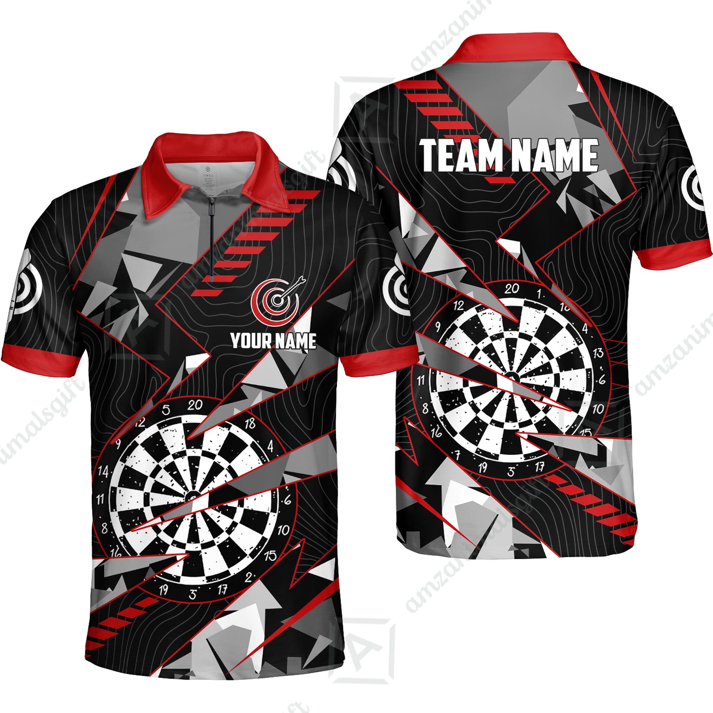 Custom Darts Team Jersey Unisex Polo Shirts, Custom Black Red Grunge Darts Team Jerseys Uniform, Personalized Name And Team Name