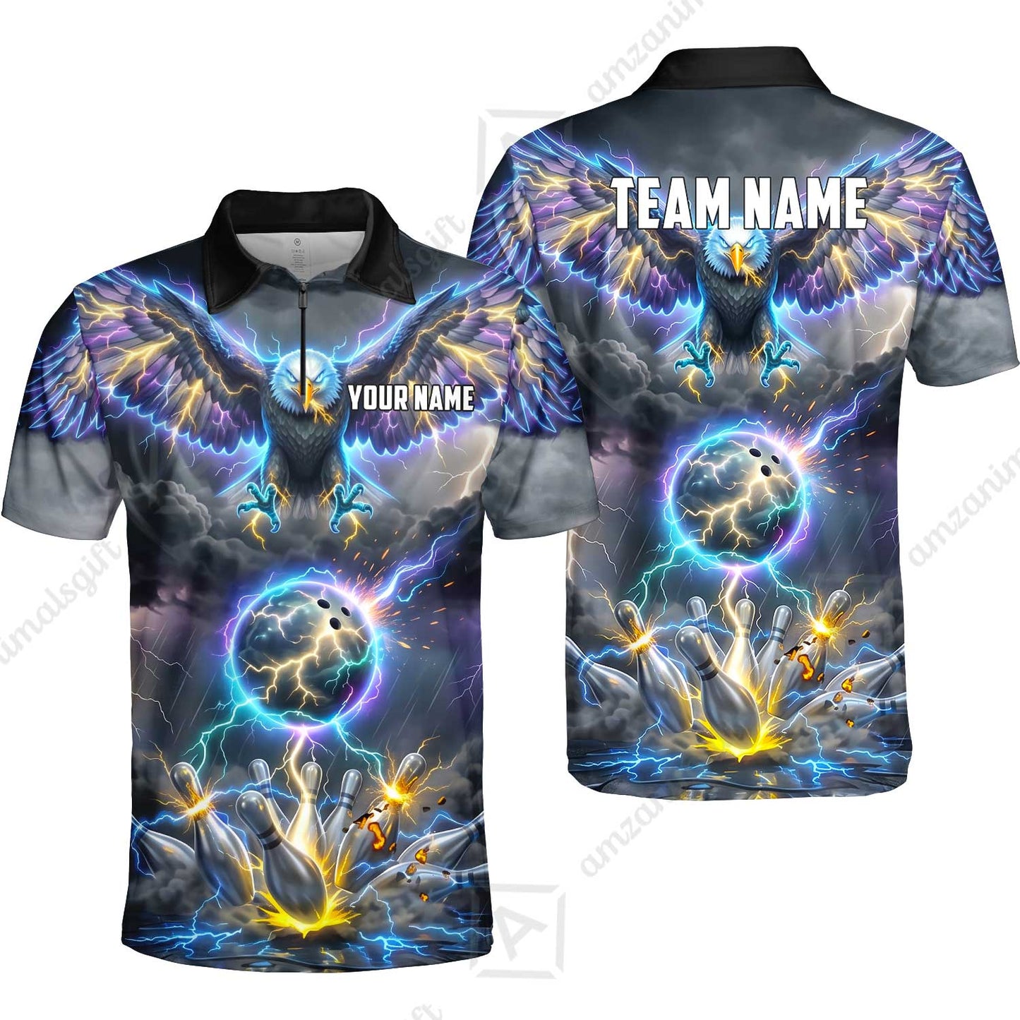 Custom Bowling Jersey Polo Shirt, Majestic Electric Lightning Eagle, Custom Bowling Jersey Team Shirt For Players With Name and Team Name