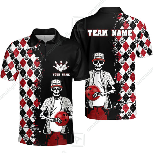 Bowling Custom Quarter-Zip Polo Shirt - Custom Name Skull Men, Argyle Bowling Pattern Personalized Bowling Polo Shirt - Perfect Gift For Friend, Family