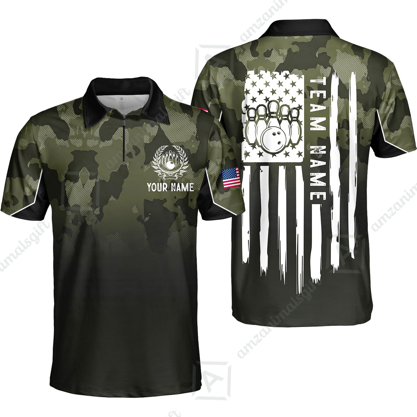 Custom Bowling Polo Shirt, Distressed American Flag Bowling Custom Bowling Polo Team Shirt For Players With Name & Team Name