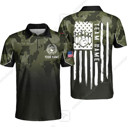 Custom Bowling Polo Shirt, Distressed American Flag Bowling Custom Bowling Polo Team Shirt For Players With Name & Team Name